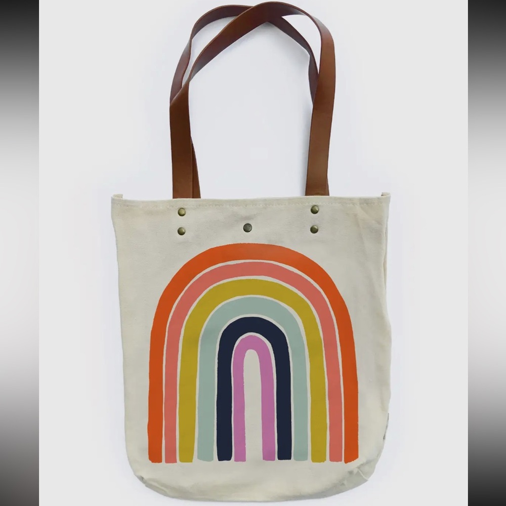Rainbow Canvas‎ Tote Bag with Vegan Leather Straps